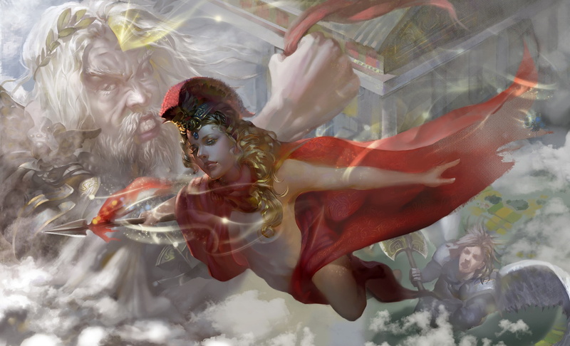 goddess of the arts, fantasy art, magic, artwork, Athena, fantasy, father of gods, goddess, mythology, god, goddess of military strategy, cloak, cape, Zeus