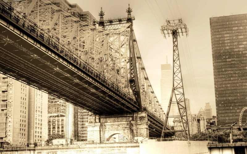 nature, crane - construction machinery, 1080P, day, New York City, machinery, skyscraper, cityscape, built structure, outdoors, city, sepia, cable, bridge