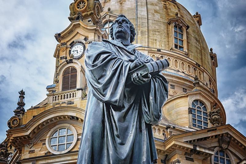 frauenkirche, outdoors, old town, sky, statue, 5K, martin luther, germany, human representation, representation, cloud - sky, art and craft, protestant