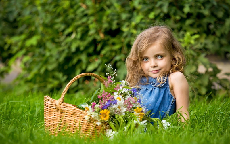 summer, nature, cute, girls, joy, meadow, day, basket, green Color, caucasian Ethnicity, dress, preschool Age, enjoyment, field, park - Man Made Space