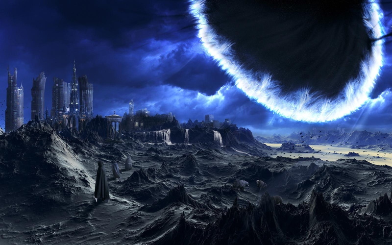 720P, science fiction, aircraft, art, rocks, men, science, wormhole, outer space, space, buildings, purple, outer, fiction, hd
