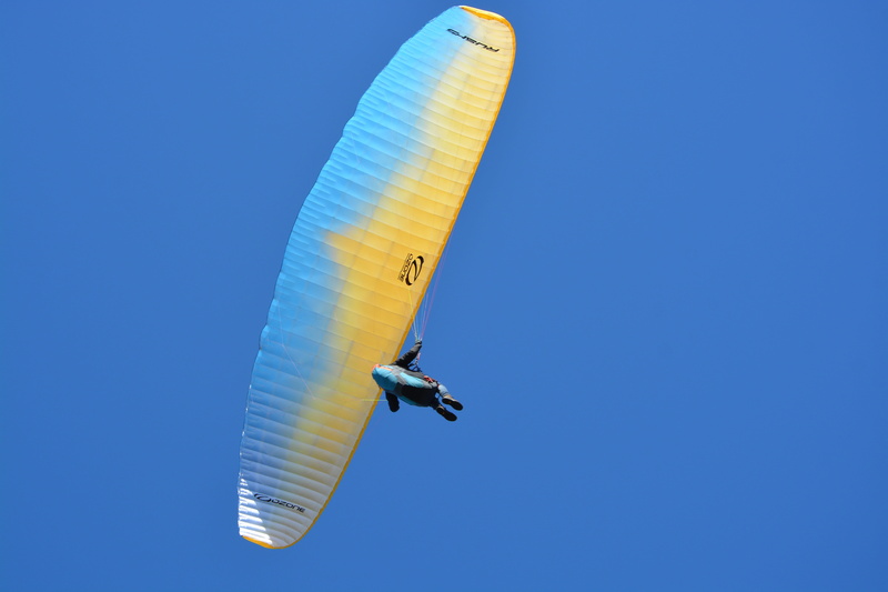 transportation, exhilaration, joy, safety harness, blue, paraglider, sailing blue yellow ozone rush5, extreme sports, blue sky, activity, sport, sky, côte darmor plérin france