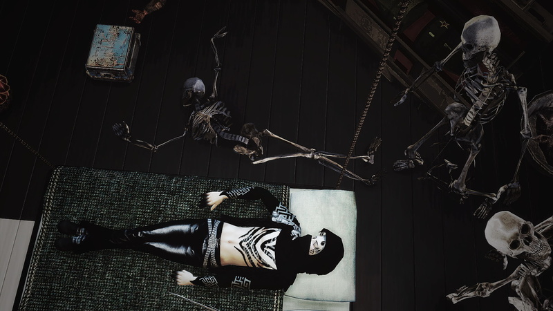 The Sims, table, representation, indoors, still life, pattern, domestic room, skeleton, clothing, 1080P, furniture, human representation, high angle view