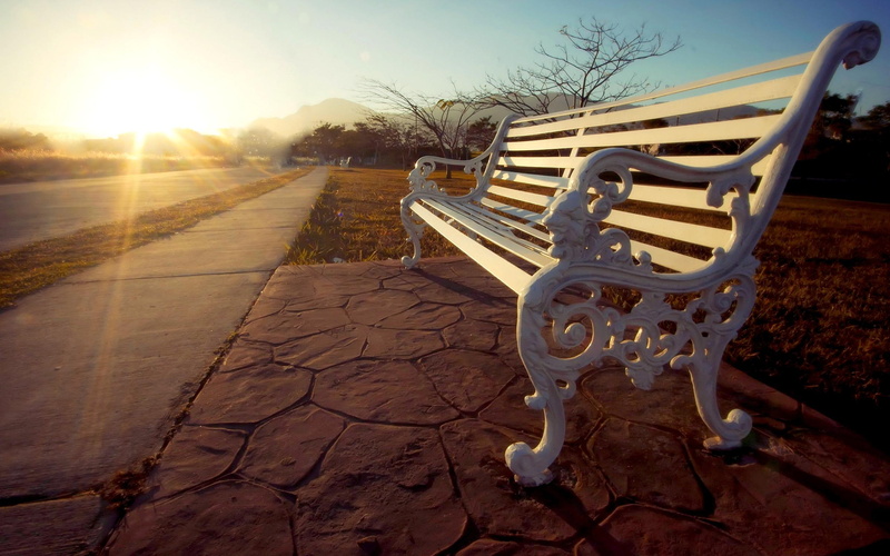 street, rays, park, 2K, morning, nature and landscapes, hope, white, sunset, wooden, bench