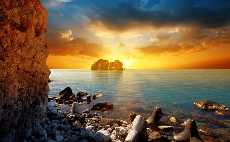 rays, hope, sea, 2K, sunset, rocks, sun, light, beach