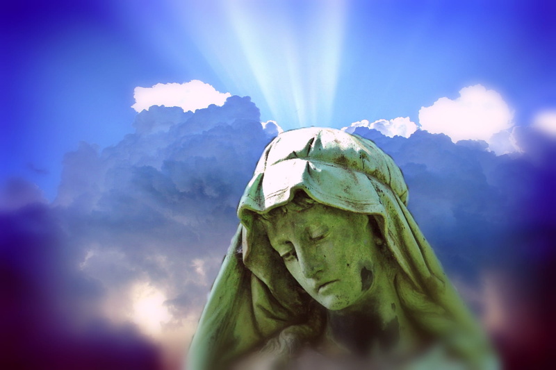 sunbeam, cloud formation, close-up, day, sculpture, light effect, outdoors, enlightenment, woman, faith, mother of god, madonna, holy, clouds, religion