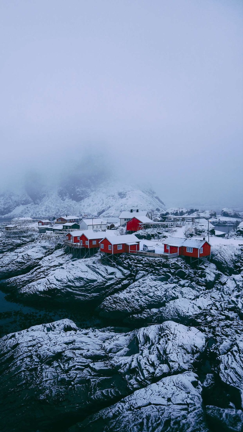 mist, town, winter, landscape, house, snow, 1080P, vertical, white, rock