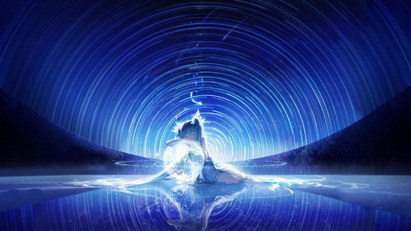 1080P, blue, light, illuminated, light beam, long exposure, artwork, one person, Vocaloid, water, young adult, adult, full length, night, digital composite