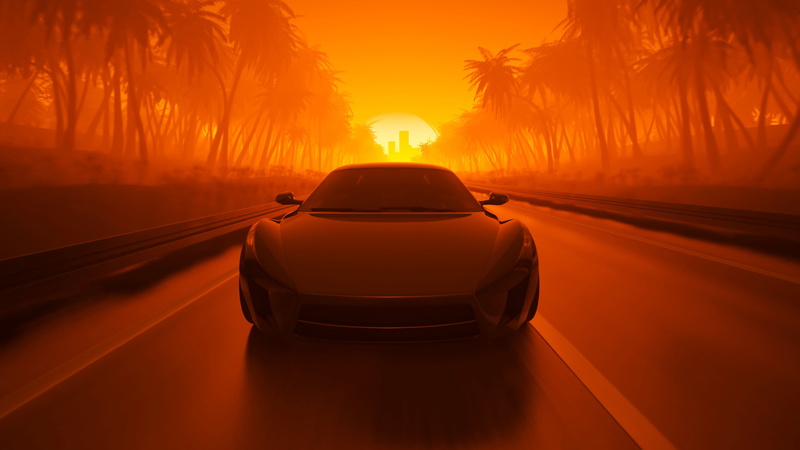 Rendering, Sport Car, Sport Car Leaving The City, mentat3d, Road, Graphics, The sun, Sunset, 4K, Palm trees, Machine, By mentat3d, Auto