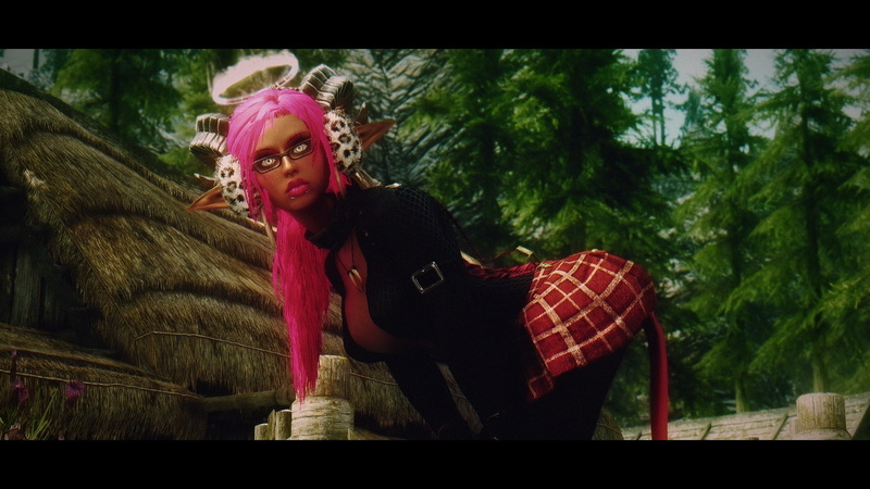 tree, green, transfer print, outdoors, real people, adult, grass, looking at camera, fashion, tartan skirt, standing, tartan, dyed hair, plant, high heels