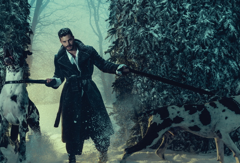 actor, coat, leashes, Luomo Vogue, 1080P, 2016, snow, dogs, Jamie Dornan, Norman Jean Roy, forest, photoshoot, trees, winter