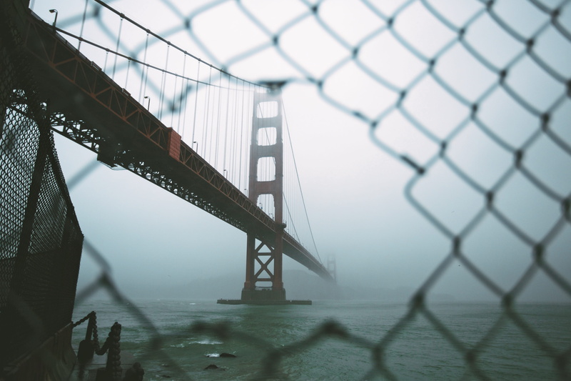 peep, architecture, built structure, transportation, chain link fence, san francisco, gate, bridge - man made structure, ocean, metal, water, boundary