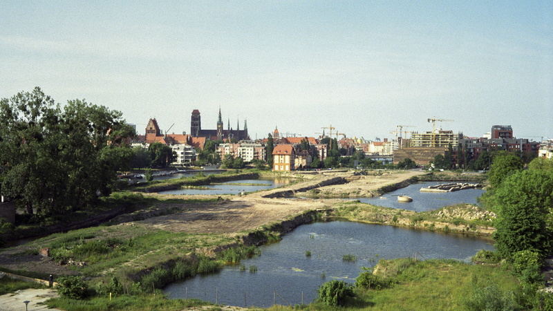 summer, downtown, nature, water, outdoors, film, poland, river, tree, analog, reflection, gdańsk, plant, sky, cityscape, residential district, clear sky