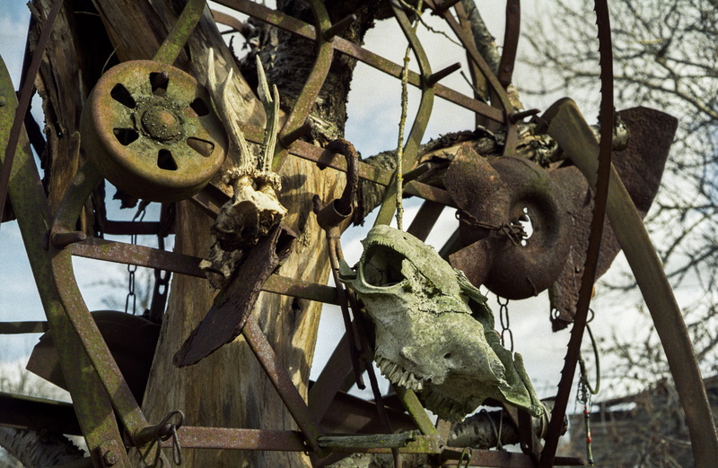 deterioration, bone, sign, metal, yashica, hanging, bones, close-up, pomeranian voivodeship, decline, rust, 2K, analog, kodak, day, machinery, transportation