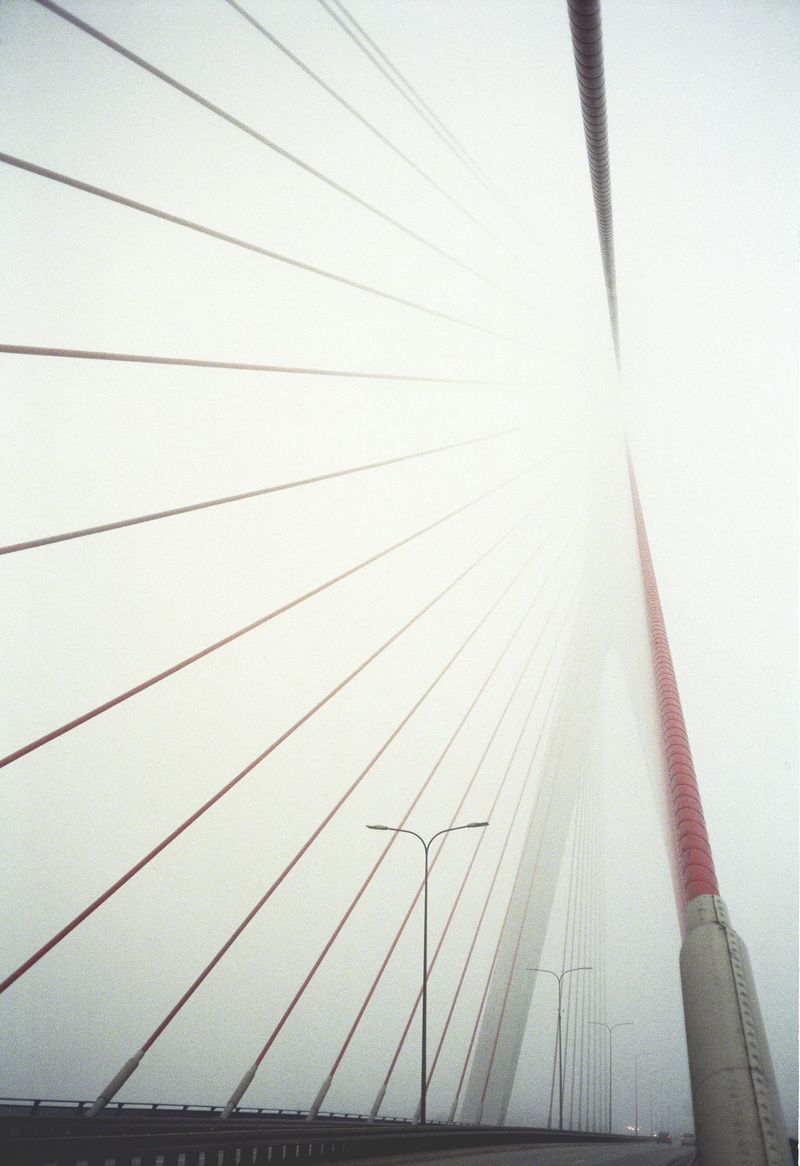 day, architecture, steel cable, analog, europe, suspension bridge, 2K, low angle view, transportation, kodak, connection, poland, gdańsk, sky, fog, cable