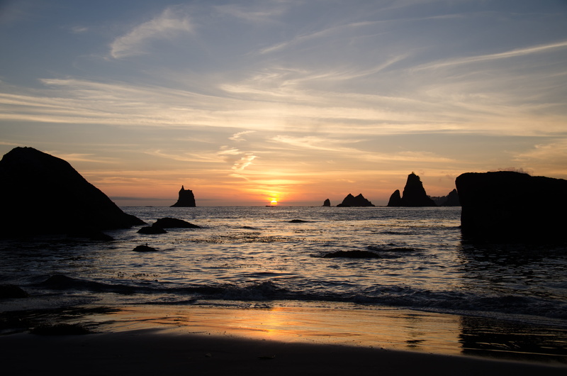 beauty in nature, cloud - sky, idyllic, sunset, horizon over water, rock - object, washington, sky, stack rock, scenics - nature, nature, rock, ocean, tranquil scene