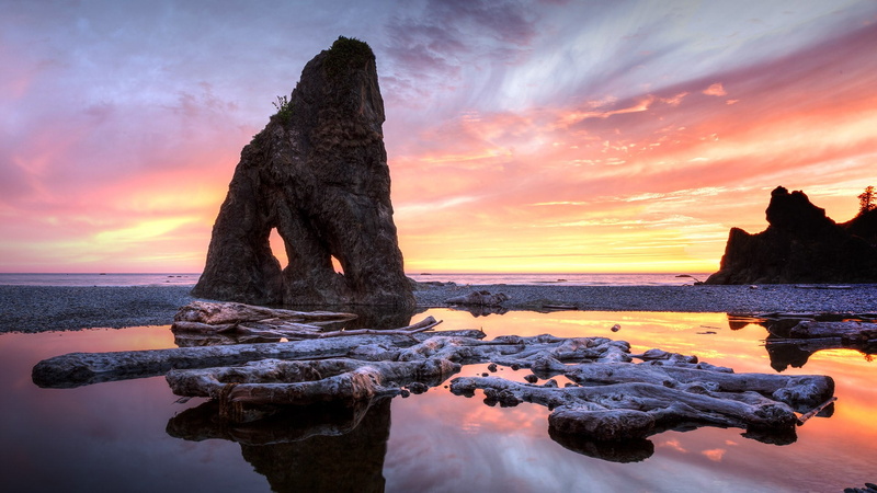 clouds, 1080P, Olympic National Park, reflection, sky, landscape, nature, rocks, dawn, wood, Washington, island, USA, beach, sea, driftwood