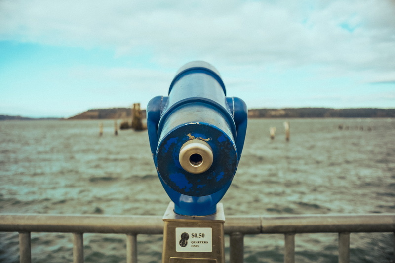 seashore, hand-held telescope, tranquil scene, binoculars, focus on foreground, railing, coin operated telescope, tacoma, daylight, day, close-up, security