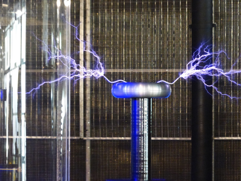 built structure, no people, architecture, technology, tesla transformer, glowing, blue, light trail, tesla coil, experiment, 4K, demonstration, illuminated