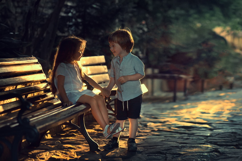 a couple, Marianne Smolin, street, girl, children, boy, bench, the evening, 1080P
