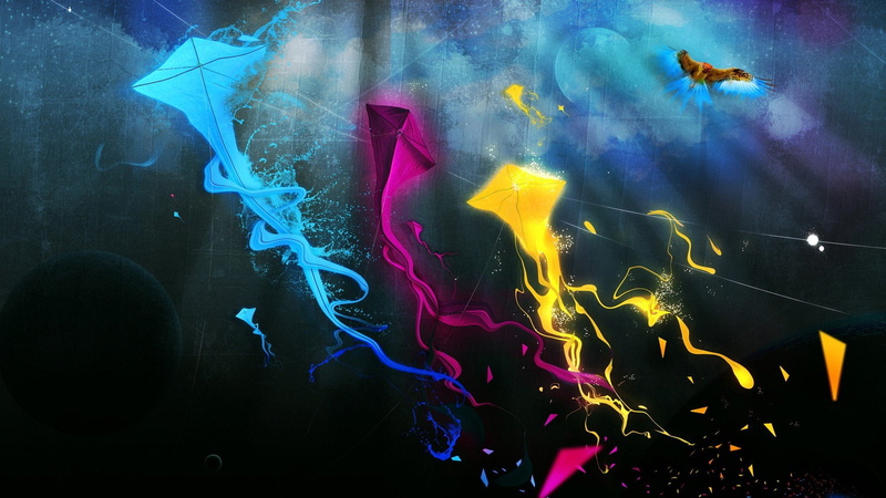 abstract, 1080P, kite, colors, cmyk, artwork, birds