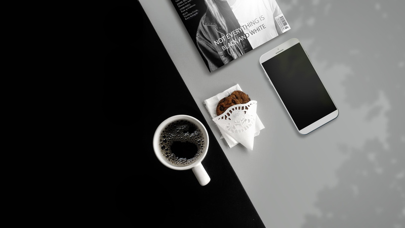 monochrome, phone, text, studio shot, black, breakfast, refreshment, still life, drink, 2K, food and drink, technology, flat lay, hot drink, wireless technology