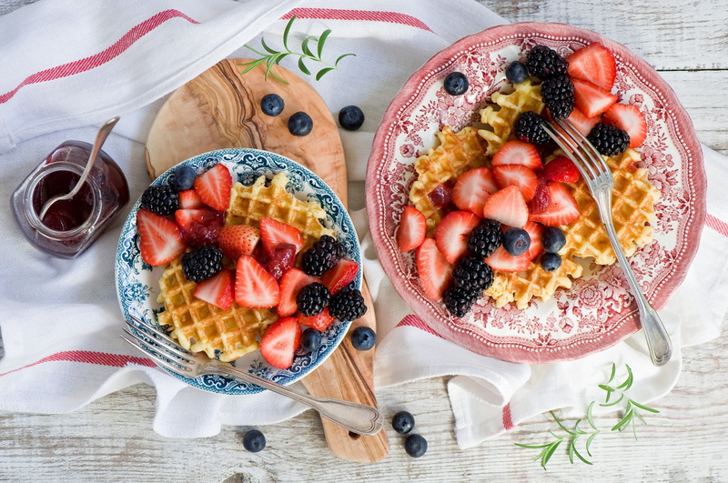 1080P, blueberries, strawberries, waffles, blackberries, food