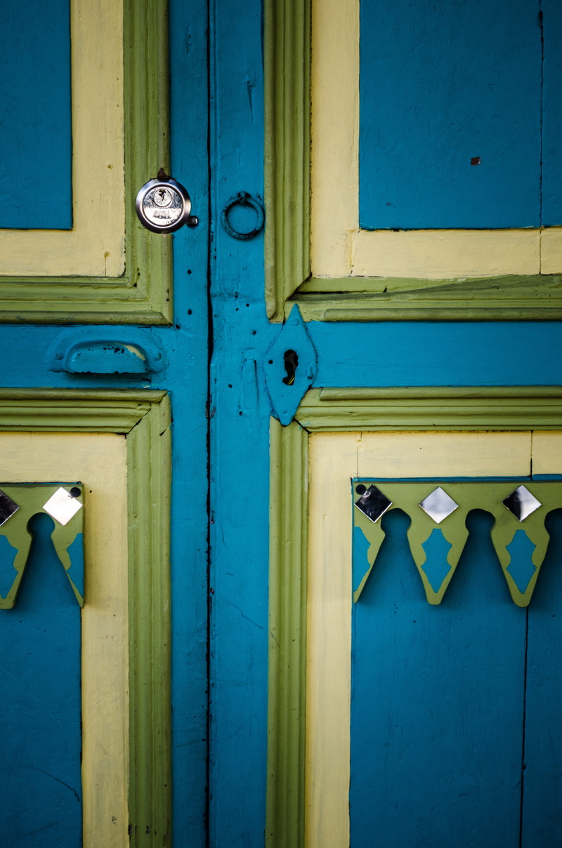 Door, turquoise colored, gate, access, latch, closed, Yellow, rusty, full frame, building exterior, blue, old door, backgrounds, no people, worn, handle