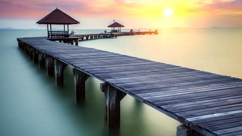 bridge, tranquil scene, obstruction, sky, sea, scenics - nature, no people, tower, gate, beach, barrier, jetty, sunset, bay, coast, device, travel, wood - material