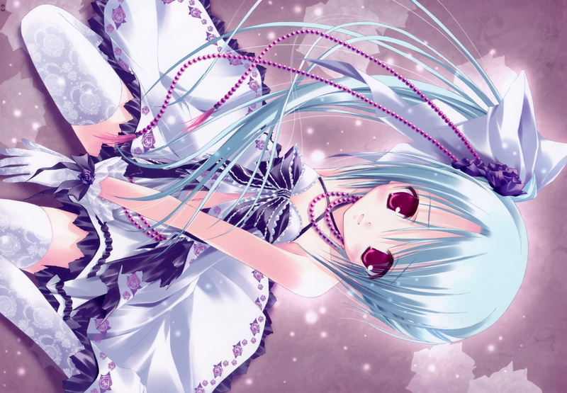hd, red, art, dress, gloves, eyes, pink, illustrations, white gloves, pink eyes, girls, Blue hair, hair, tights, Tinkle Illustrations, blue, anime, white