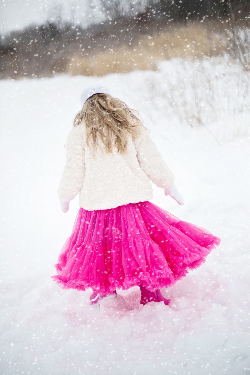 people, skirt, leisure activity, fun, clothing, childhood, nature, pink color, women, white, pink, 5K, standing, real people, snowflake, day, caucasian Ethnicity