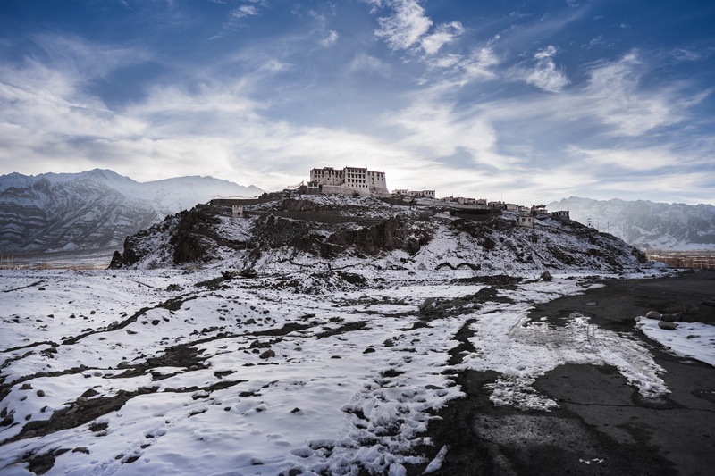 ice, water, himalayas, winter, building, ladakh, cloud - sky, landscape, snow, history, nature, countryside, outdoors, scenics - nature, india, the past