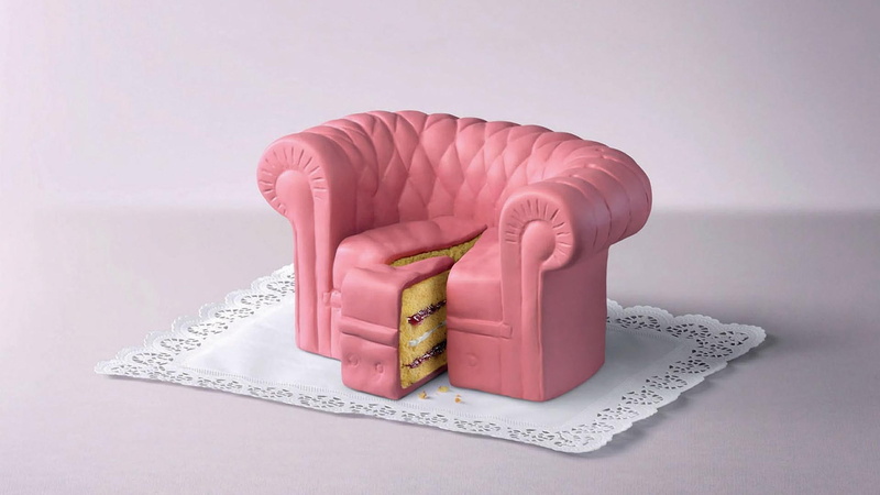 armchair, 1080P, couch, dessert, 3d, shaped, cake, food, 1920x1080, pink, fondant