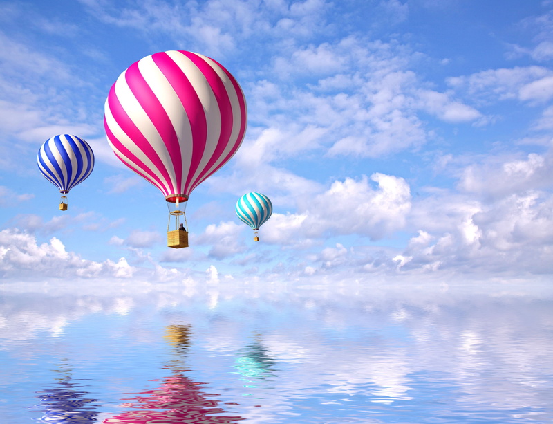 balloons, 4K, teal, Colorful, Reflections, Hot air balloons, 4K, pink, blue, Clouds, three, air