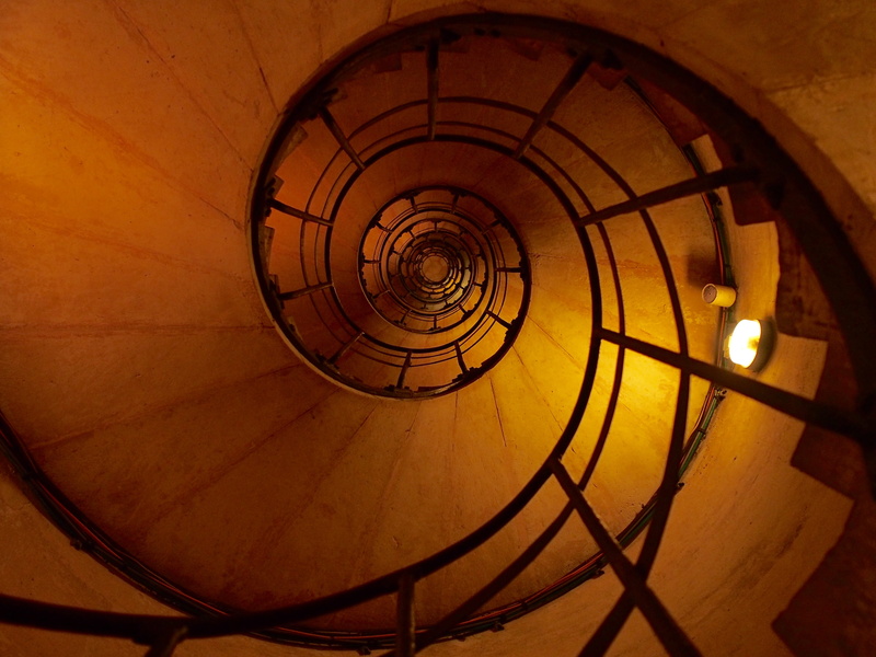 geometric shape, lighting equipment, stairs, steps and staircases, architecture, spiral, classical style, concentric, directly below, low angle view, built structure