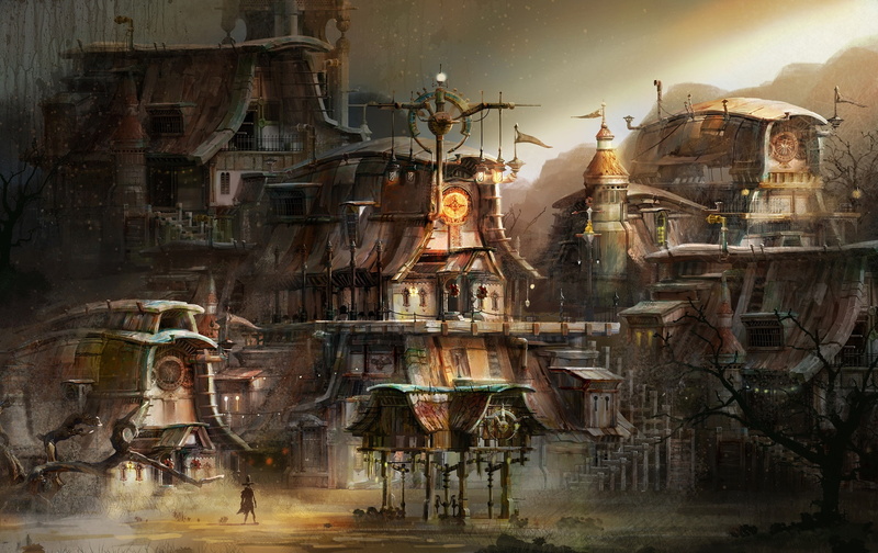 buildings, home, mountains, piling up, steam punk town concept, 1080P