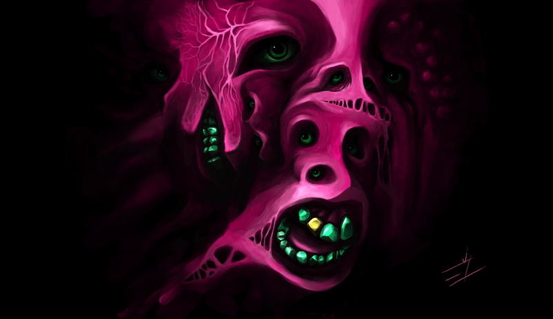 illustration, purple, human body part, face, black background, emotion, surprise, aggression, body part, close-up, 4K, mouth, artwork, pink color, spooky