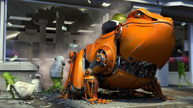 digital art, 1080P, illustration, robbery, robot, 1920x1080, frogs, orange, frog, bank, robbing