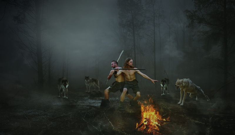 fight, courage, real people, bonfire, smoke - physical structure, wolf, smoke, mammal, forest, wolves, adventure, man, predator, outdoors, robbery, leisure activity