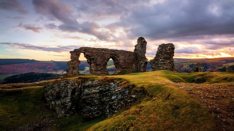no people, landscape, old ruin, old, green, grey, cloud - sky, tranquility, stone, environment, Wales, history, 1080P, formation, land, architecture, archaeology
