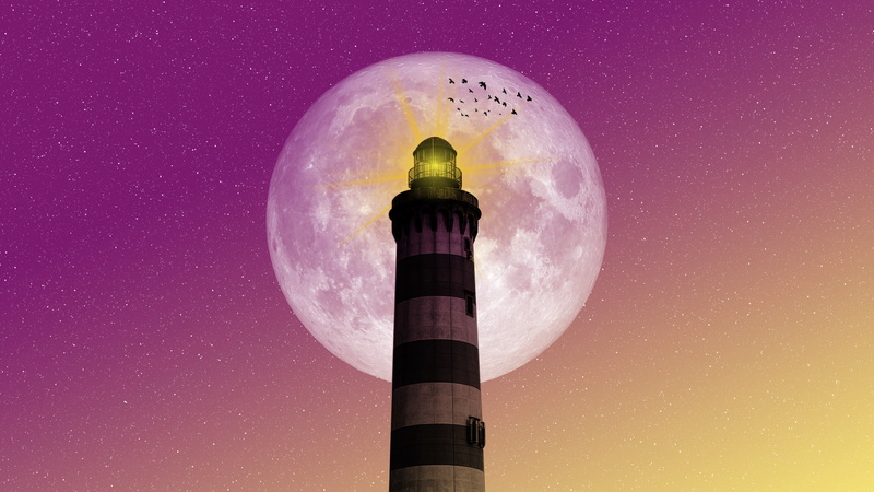 sky, lights, birds, lighthouse, Photoshop, yellow, gradient, soft gradient, Moon, light house, stars, digital art, pink, purple, minimalism, 4K