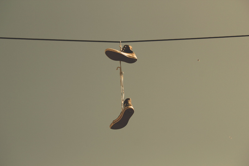studio shot, nature, pair, shoes, single object, close-up, no people, copy space, power line, clear sky, 5K, sky, hanging, hook, converse, rubber boots