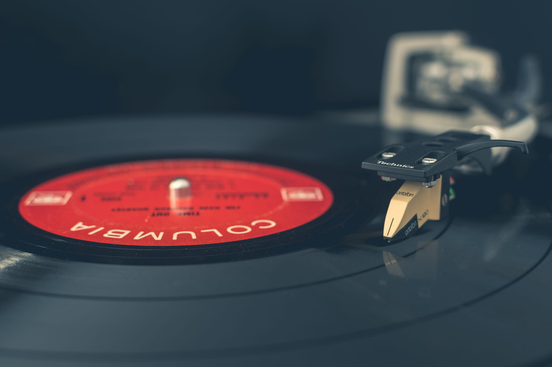 columbia, technic, studio shot, red, close-up, turntable, technology, groove, indoors, black background, black color, dark, photo, high angle view, equipment