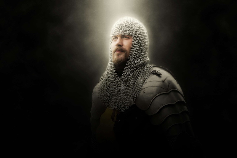 sadness, 2K, fear, illuminated, spotlight, human body part, one person, chainmail, body part, ray of light, studio shot, particles, human face, man, historically