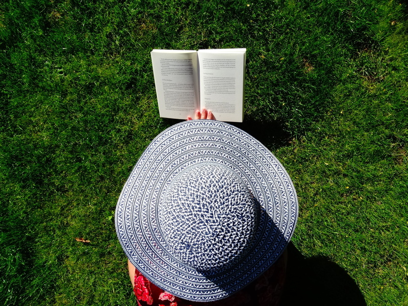day, summer, garden, green, field, books, growth, reading, nature, high angle view, land, no people, real people, sun, outdoors, park, hat, clothing, wearing