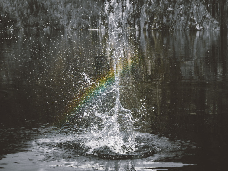 waterfall, 4K, motion, lake, black and white, non-urban scene, nature, power in nature, day, rainbow, waterfront, reflection, tree, splashing, water, no people