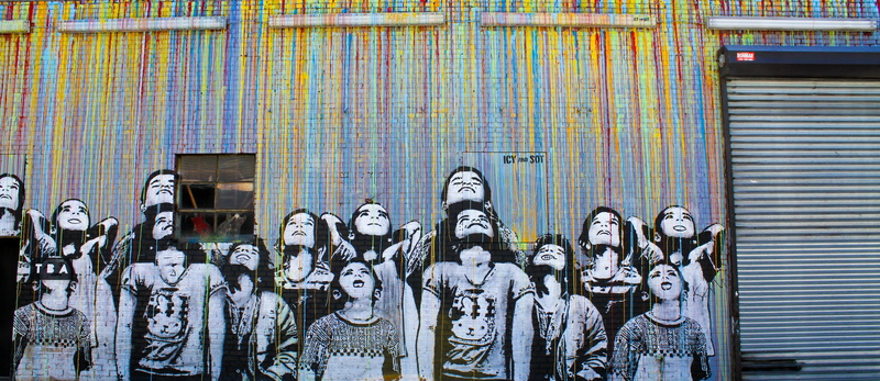 human representation, female likeness, building, black, bushwich, white, craft, icyandsot, rainbow, children, day, group, wall, creativity, built structure