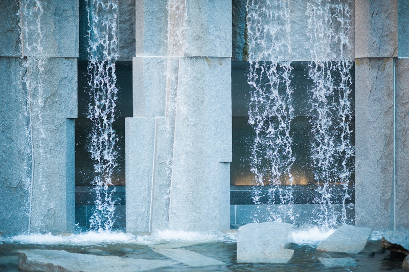 architecture, wet, ice, outdoors, architectural column, built structure, flowing water, cold temperature, frozen, water, rocks, fountain, 4K, flowing