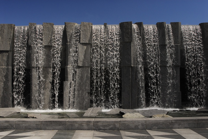 urban, waterfall, outdoors, built structure, yerba buena, rock - object, concrete, sunlight, solid, fountain, wood - material, nature, no people, sky, san francisco