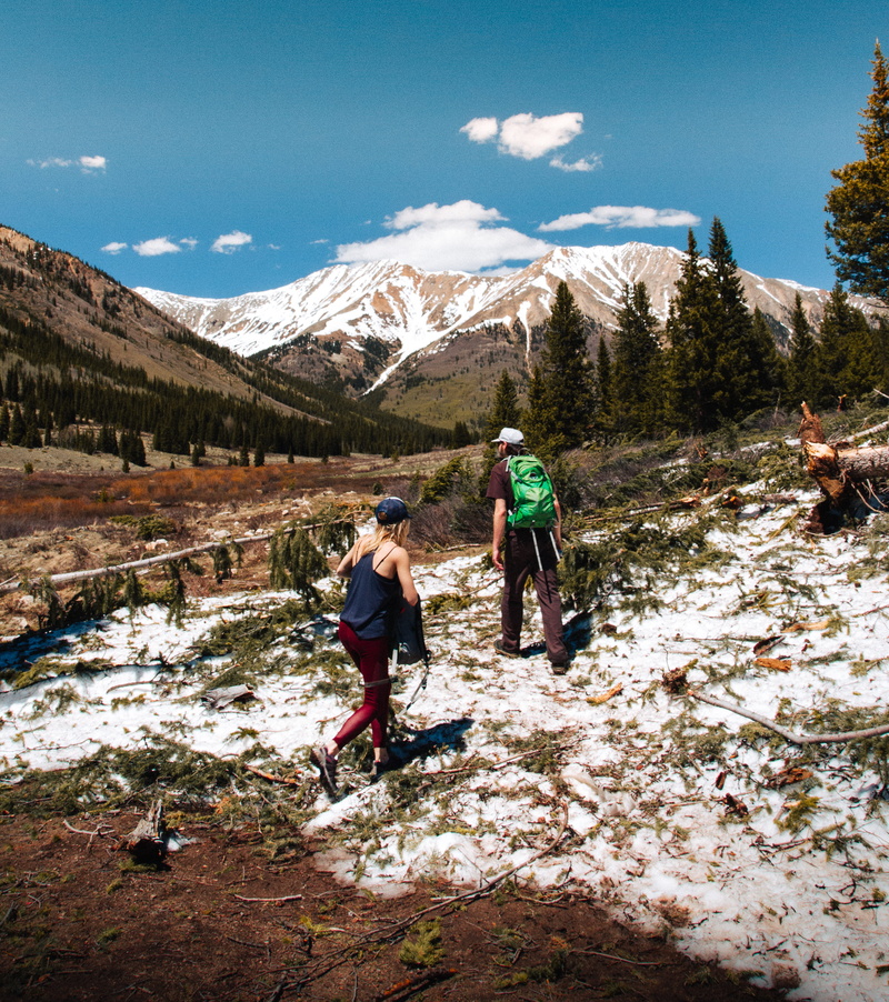 men, mountains, hiking, sport, nature, high rockies, two people, activity, united states, winter, snow, buena vista, rear view, day, beauty in nature, backpacks